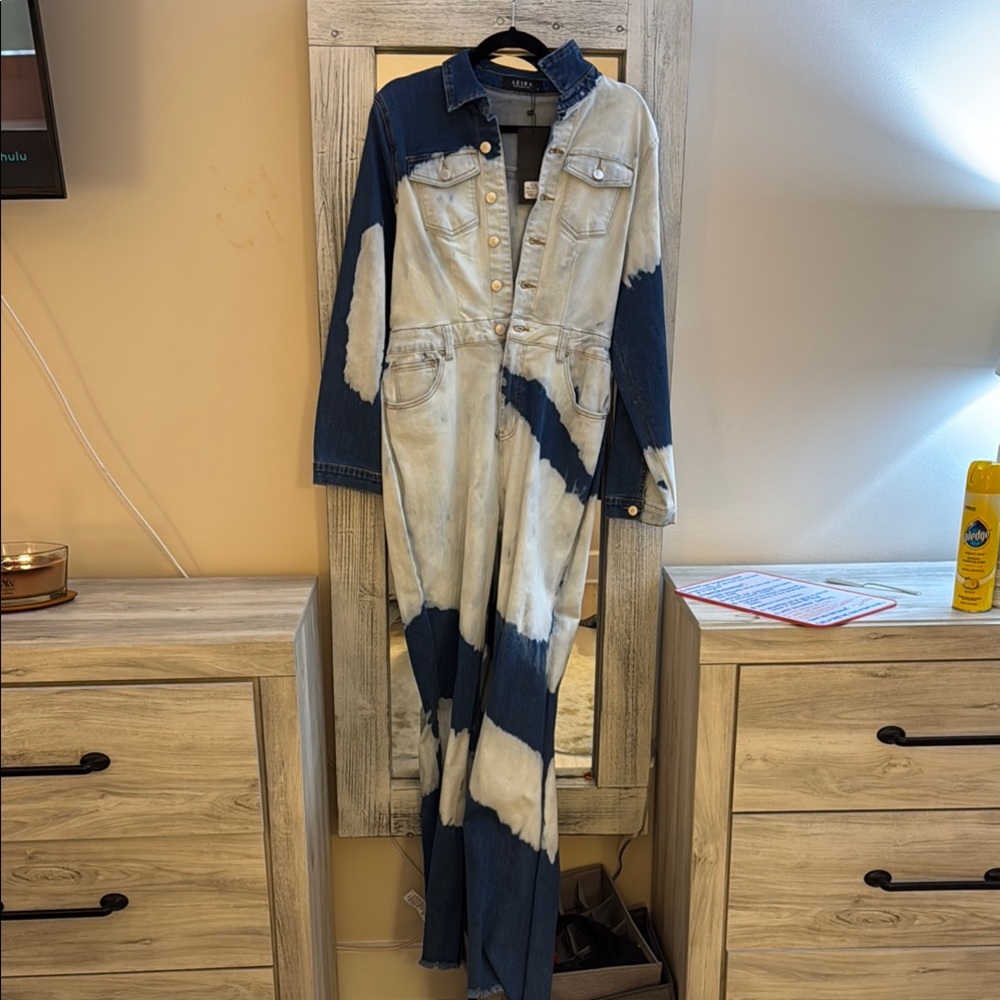 Brand new Akira Blue and White Tie-Dye Denim Jumpsuit